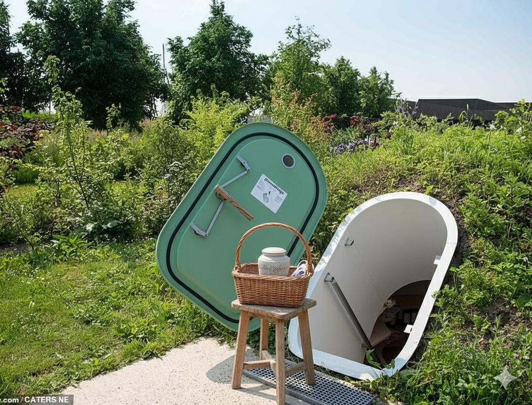 Open sphere An urn is in a basket next to a door leading down into a chamber.