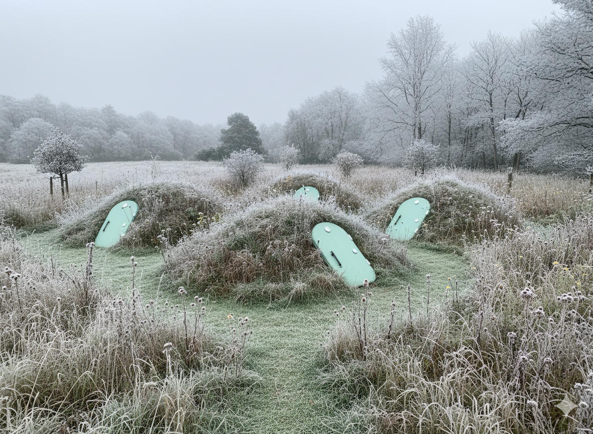 4 Spheres covered in frosty plants on a winter morning.
